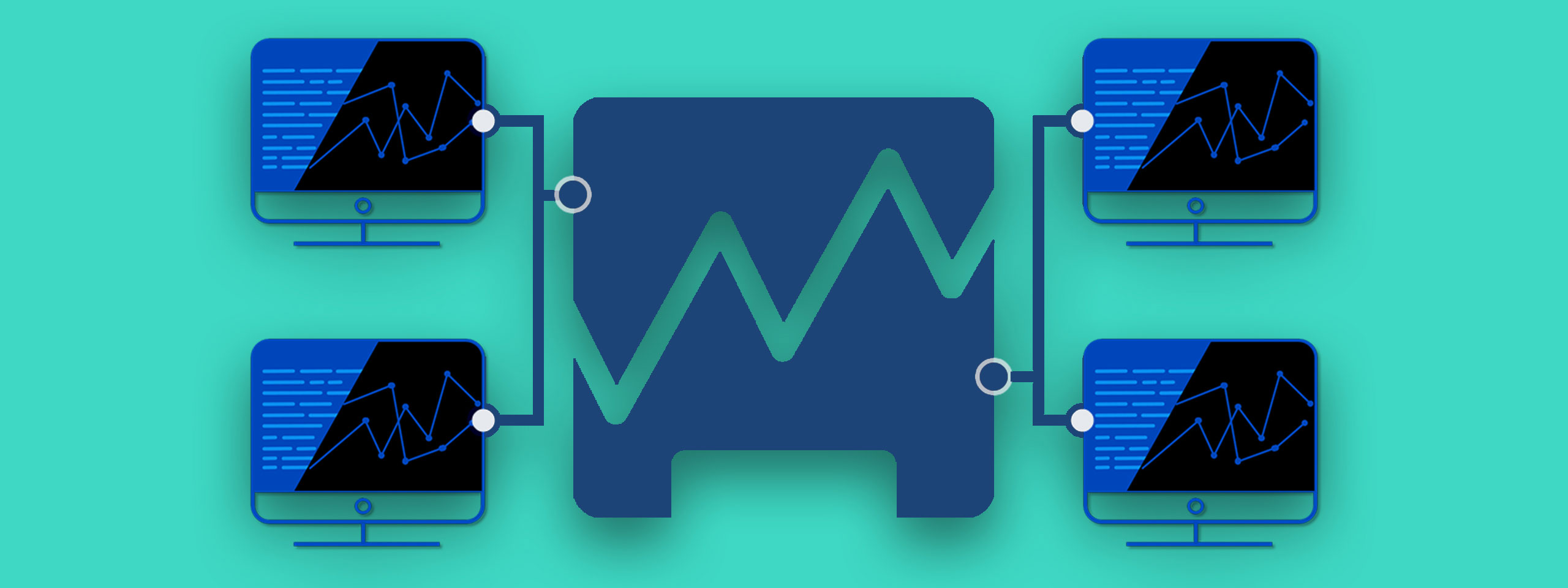Graphic representation of screens displaying data visualisations, connected by lines, set against a green background.
