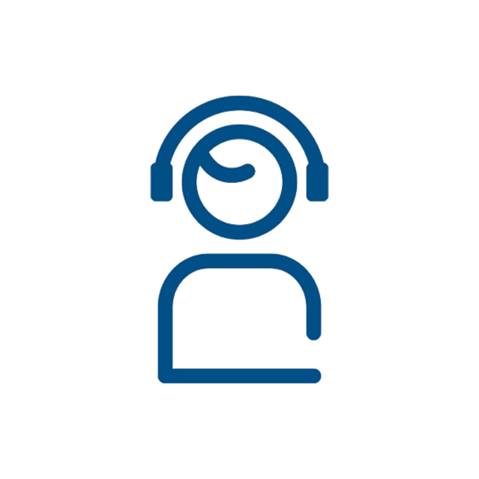 Symbol einer Person mit Kopfhörern, die einen lächelnden Gesichtsausdruck hat und vor einem einfachen Hintergrund steht.