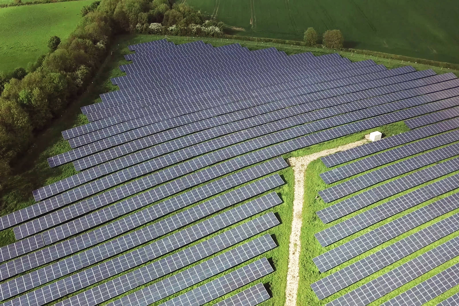 Eine große Solarfarm mit vielen Solarmodulen, umgeben von Grünflächen.