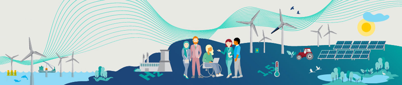Eine Illustration mit Windkraftanlagen, Solarpanelen, einem Industriegebäude und Menschen, die mit Technologie interagieren.