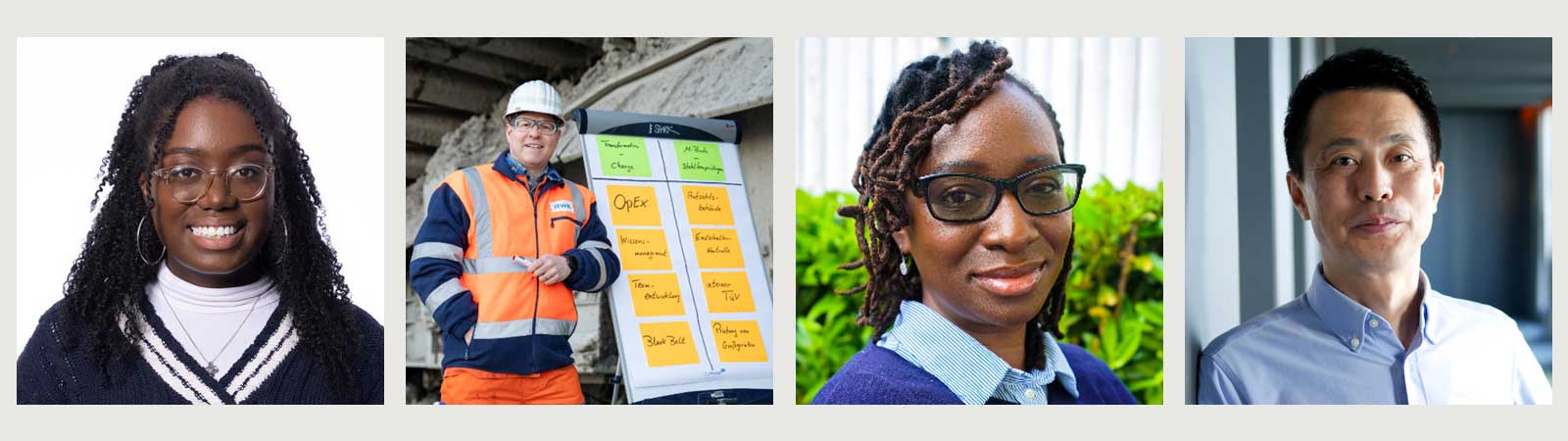 Verschiedene Personen in einem Format mit farbigen Notizen und einer Person in Arbeitskleidung auf Baustelle.