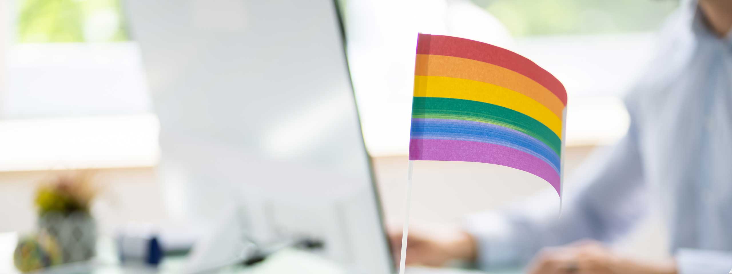 Eine kleine Regenbogenflagge steht auf einem Schreibtisch, im Hintergrund ist eine verschwommene Person und ein Bildschirm zu sehen.