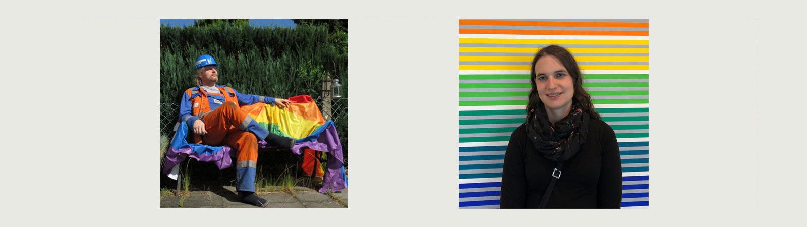 Links eine Person in orangefarbener Warnkleidung und blauem Helm, liegend mit Regenbogenfahne; rechts eine Person im dunklen Mantel vor einer Regenbogenwand.
