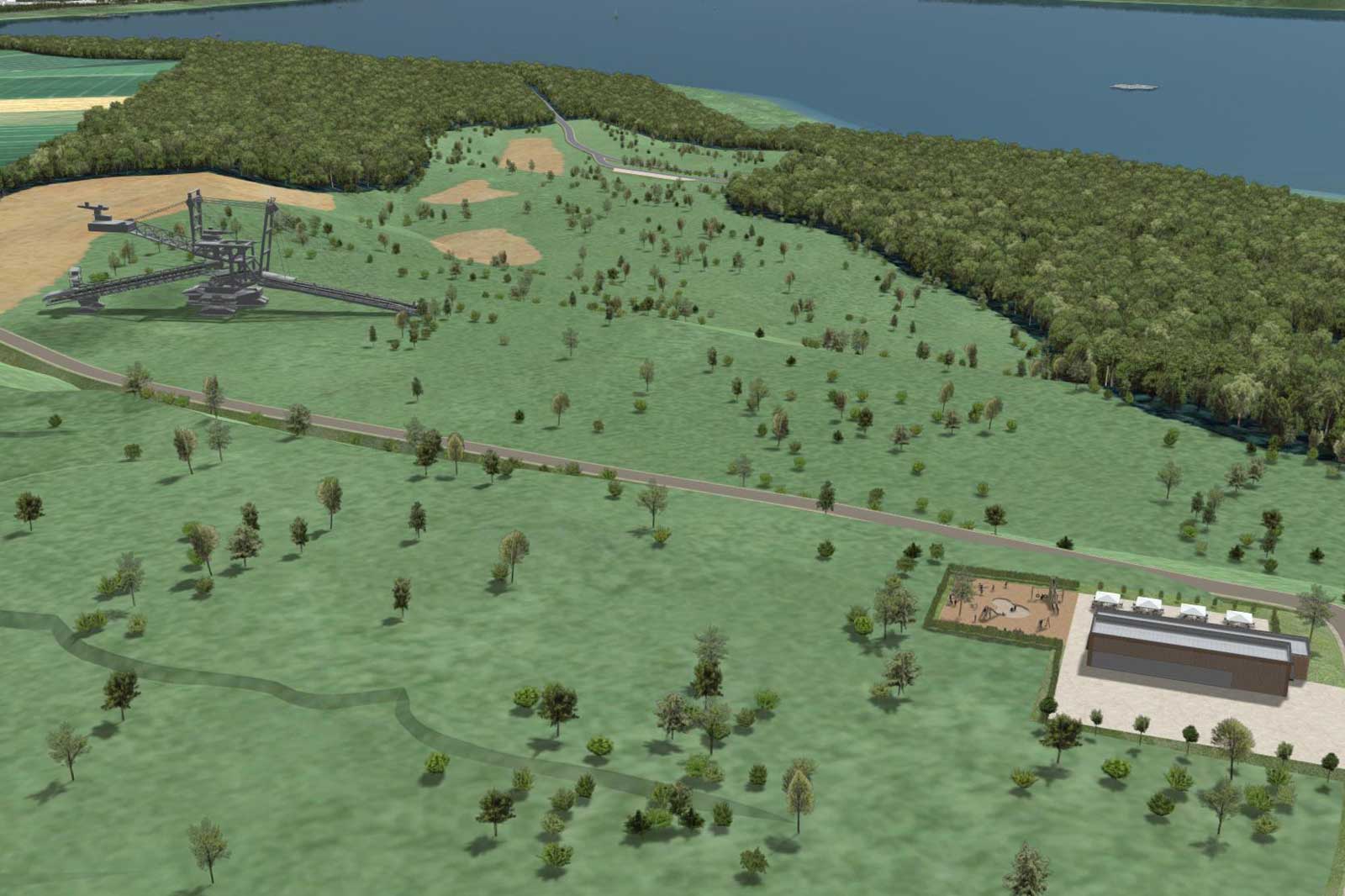 Luftaufnahme einer grünen Landschaft mit Bäumen, einem Gewässer und einer großen Industrieanlage.