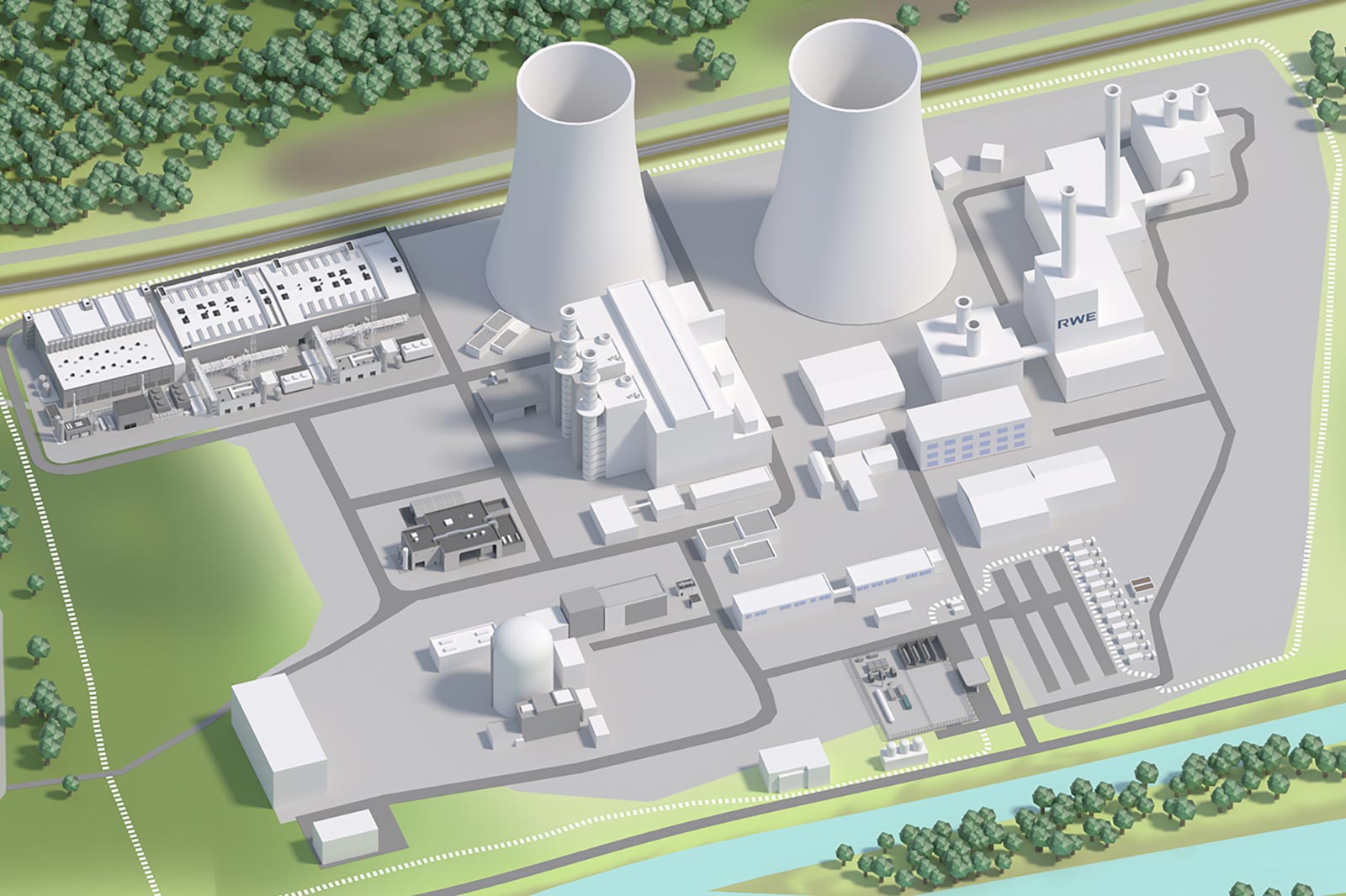 Eine Übersicht einer Industrieanlage mit Kühltürmen, Gebäuden und einer Wasserstraße im Vordergrund.