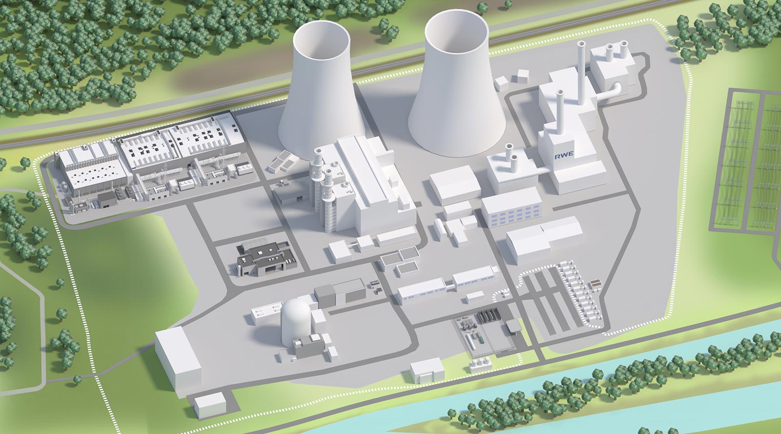 Eine Übersicht einer Industrieanlage mit Kühltürmen, Fabriken und einer Solaranlage in einer grünen Umgebung.
