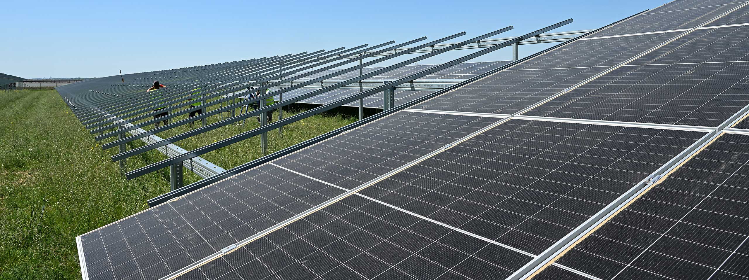 Ein Arbeiter überprüft Solarpanels in einem Feld. Im Hintergrund sind weitere Solarzellen und ein blauer Himmel sichtbar.