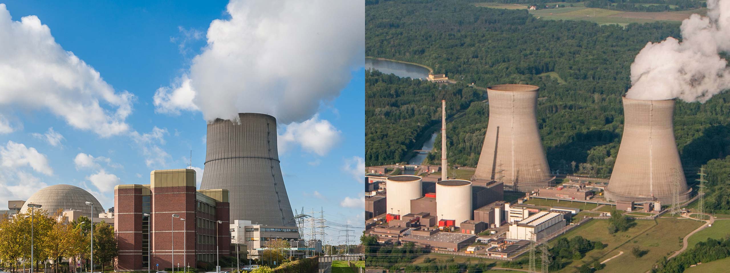 Two nuclear power plants with cooling towers, surrounded by trees and blue sky, emitting steam from the towers.