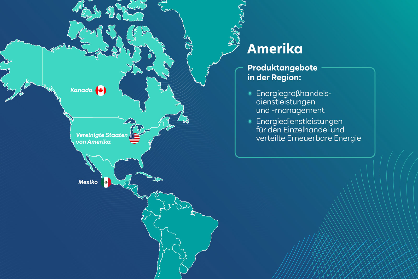 Eine Karte von Nordamerika mit Kanada, den USA und Mexiko sowie aufgeführten Energie-Angeboten.