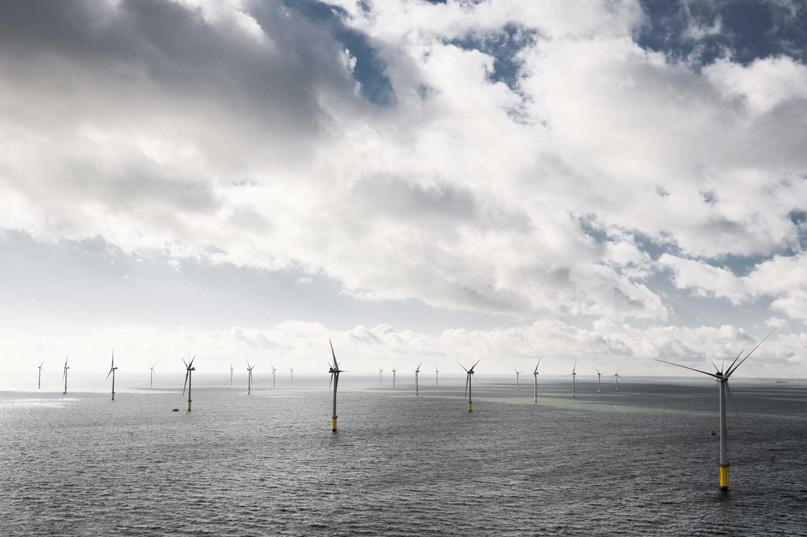 Eine Reihe von Windkraftanlagen im Meer unter einem bewölkten Himmel.