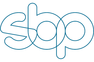 Ein minimalistisches Design mit den Buchstaben 'sbp', die durch feine Linien miteinander verbunden sind.