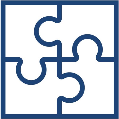 Eine blaue Puzzlestückgrafik mit vier ineinandergreifenden Teilen auf einem weißen Hintergrund.
