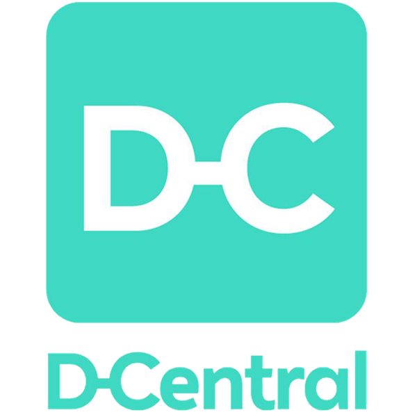 Das Logo von D-Central, mit stilisierten Buchstaben 'D' und 'C' auf einem türkisfarbenen Hintergrund.