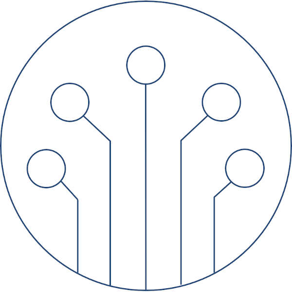 Eine stilisierte grafische Darstellung von Linien, die zu fünf Punkten führen, in einem kreisförmigen Design.