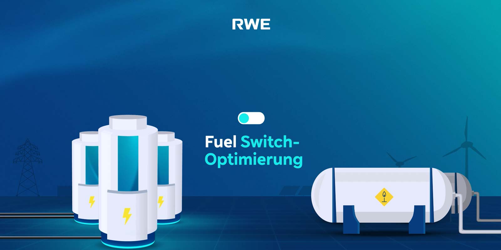 Eine Illustration, die die Brennstoffwechseloptimierung mit Lagertanks und einem blauen Hintergrund zeigt, auf dem Windkraftanlagen zu sehen sind.