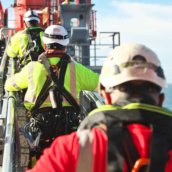 Drei Arbeiter in Warnkleidung und Helmen steigen auf eine Treppe zu einem Schiff, um Arbeit zu verrichten.
