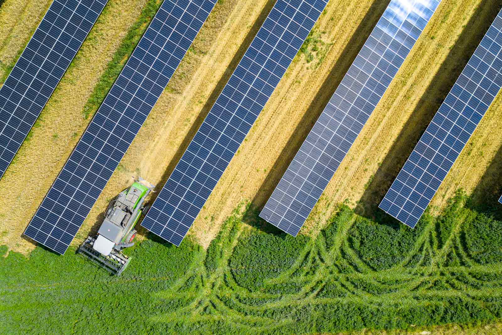 Eine Luftaufnahme von Solarzellen, die in Reihen angeordnet sind, mit einem nahegelegenen Traktor, der auf einem landwirtschaftlichen Feld arbeitet.