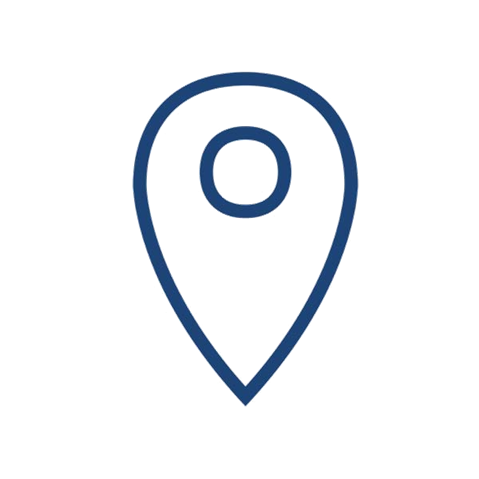 A simple blue map pin icon featuring a rounded top and a central circle, symbolising location or navigation.