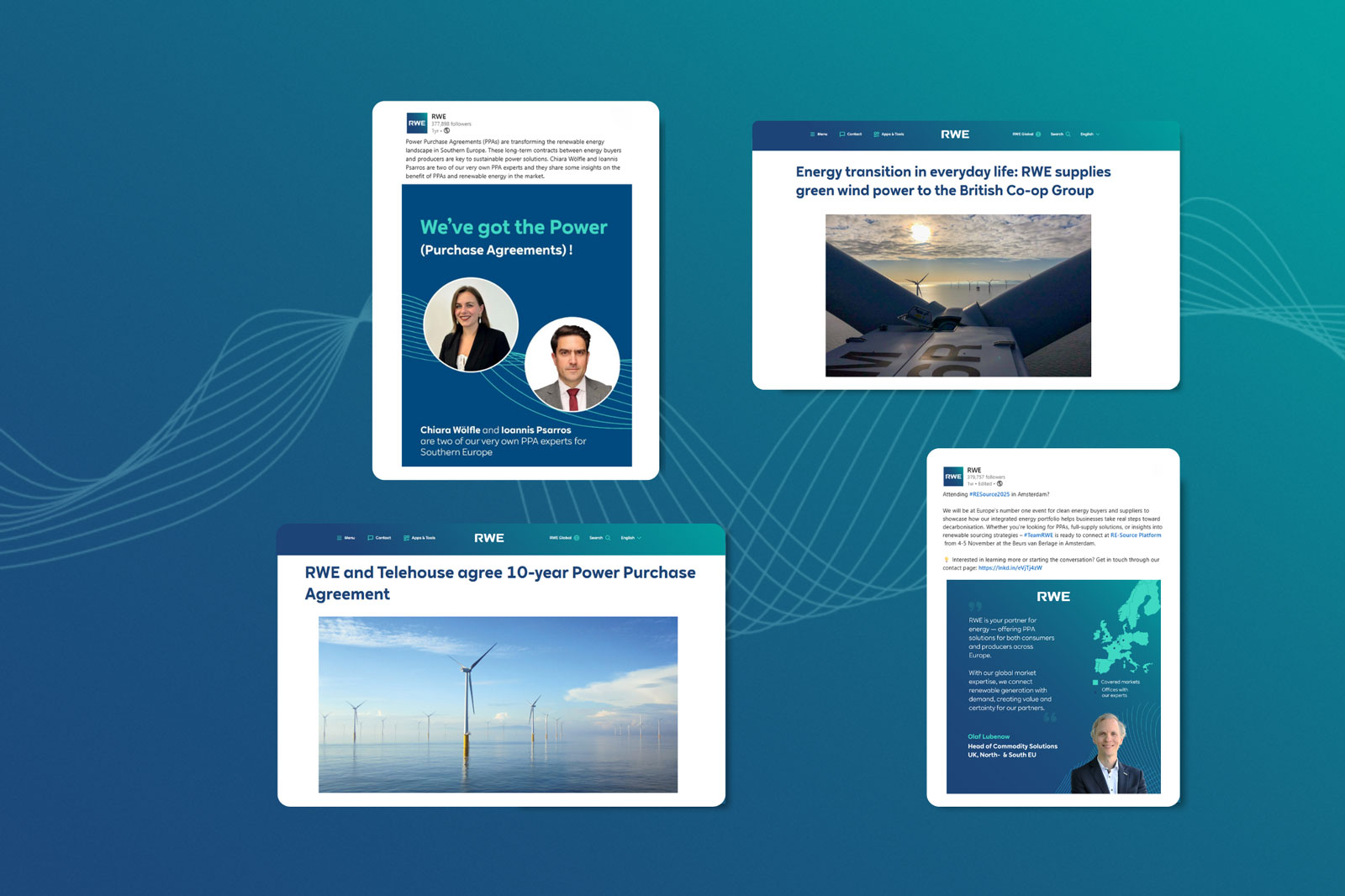 Vier Webseiten mit Informationen zur Energieversorgung durch RWE, einschließlich Windkraft und Kaufverträgen.