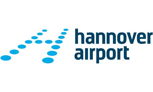 Das Logo des Flughafens Hannover, bestehend aus einem stilisierten 'H' und dem Schriftzug 'hannover airport' in blauer Schrift.