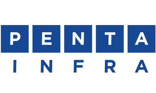 Das Logo von PENTA INFRA in blauen Kästchen mit Buchstaben in Grossbuchstaben.