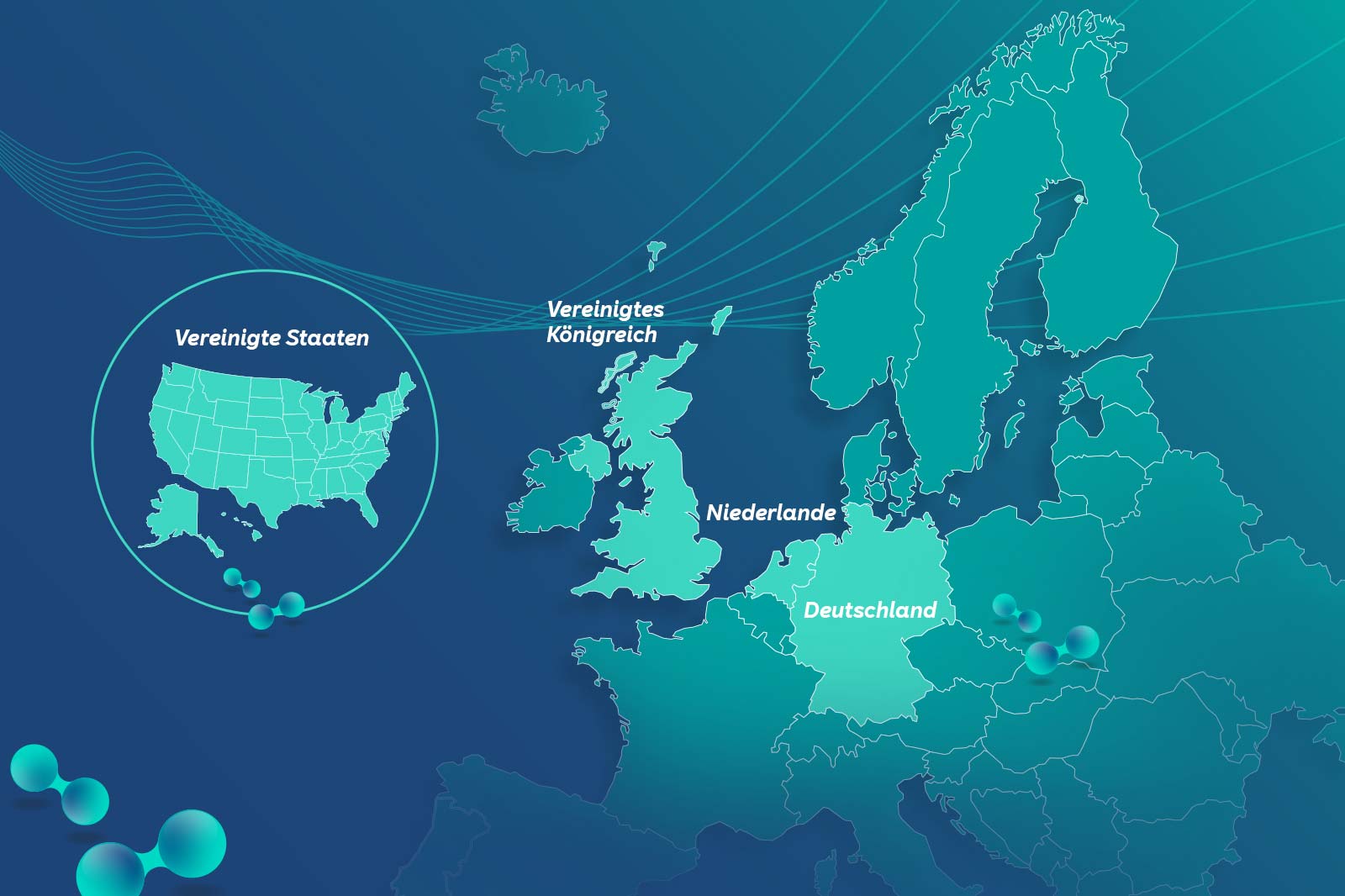 A digital map of Europe and the USA with geographical markers for Germany, the Netherlands, the United Kingdom, and the United States.