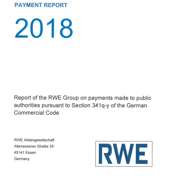 Payment report for the RWE Group, detailing 2018 payments to public authorities, following German Commercial Code.