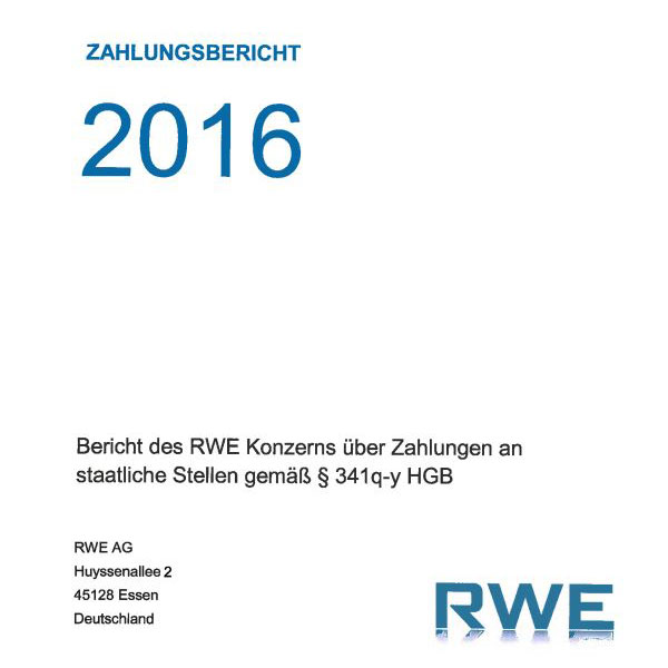 Zahlungsbericht 2016 der RWE AG über Zahlungen an staatliche Stellen, einschließlich Adresse und rechtliche Hinweise.