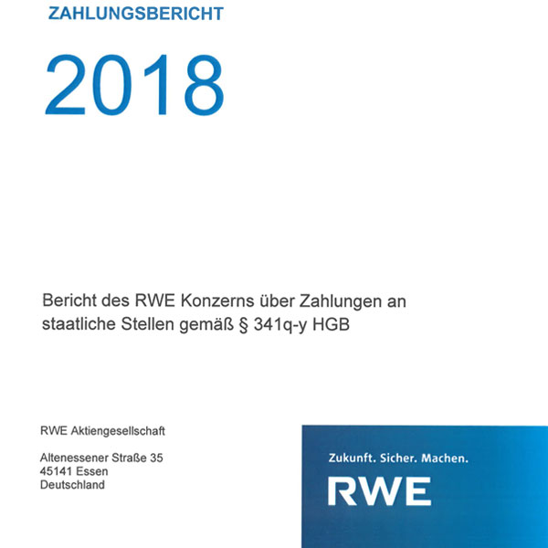 Cover des Zahlungsberichts 2018 der RWE, der Zahlungen an staatliche Stellen gemäß § 341q-y HGB beschreibt.