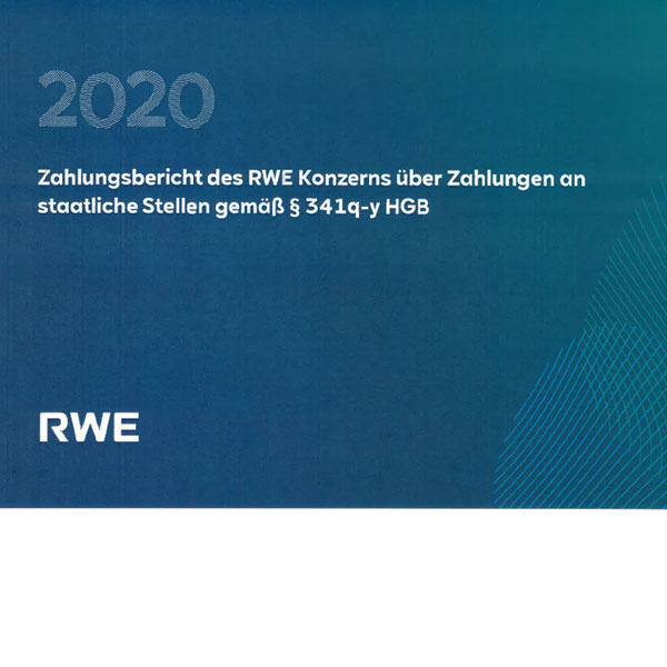Das Cover des Zahlungsberichts 2020 des RWE Konzerns an staatliche Stellen mit dem Firmenlogo.