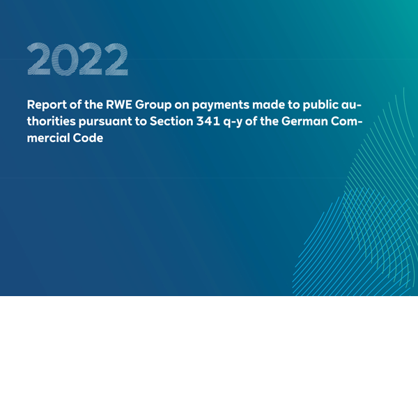 A report cover for 2022 detailing RWE Group's payments to public authorities under German Commercial Code Section 341 q-y.