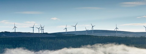 Eine Landschaft mit Windkraftanlagen auf sanften Hügeln, umgeben von Wäldern und Nebel im Vordergrund.