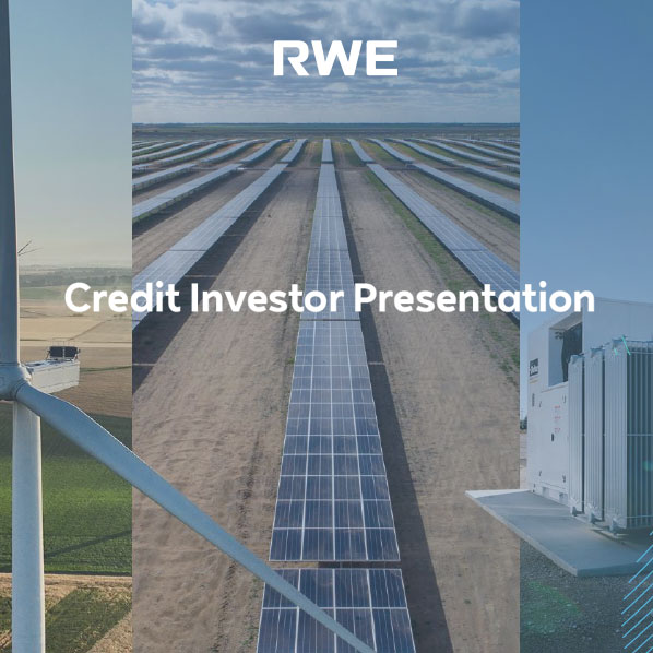 Ein Windrad neben Solarpanelen in einer ländlichen Umgebung, mit dem Text 'Credit Investor Presentation' in der Mitte.