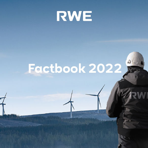 Eine Person in Arbeitskleidung steht im Vordergrund, blickt auf Windkraftanlagen und einen klaren Himmel. Factbook 2022.