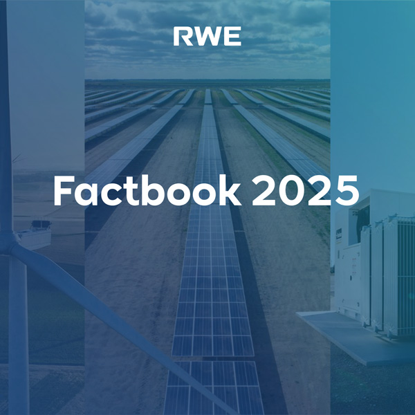 Das Bild zeigt das RWE-Logo und den Text 'Factbook 2025' über einer solaren Energieanlage.