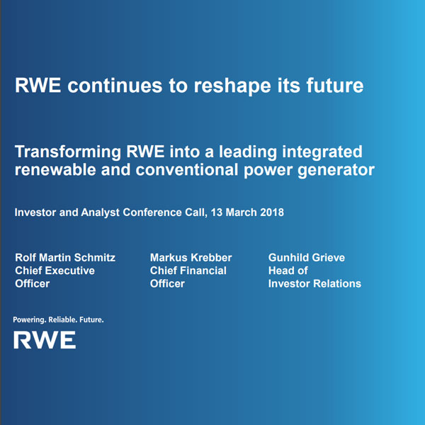 RWE presentation slide highlighting transformation into a leading power generator with executives' names and conference details.