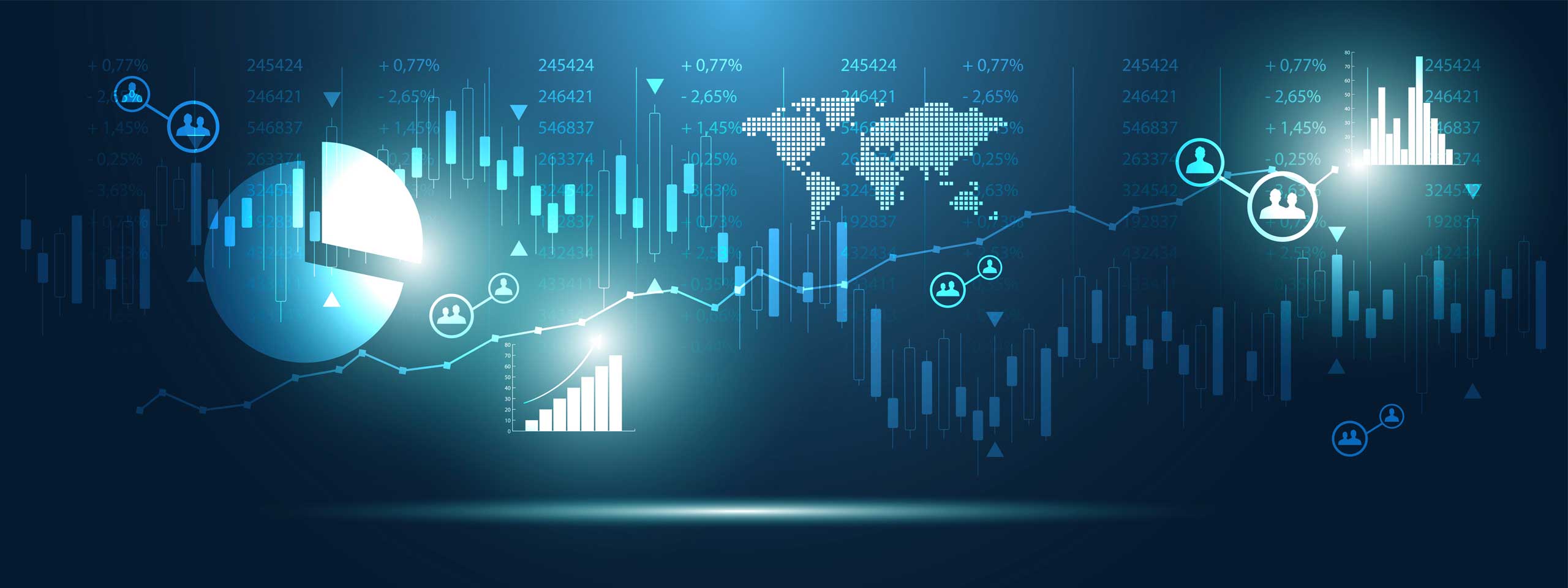 Diagramme und Grafiken auf einem blauen Hintergrund, symbolisieren Datenanalyse und Statistiken.