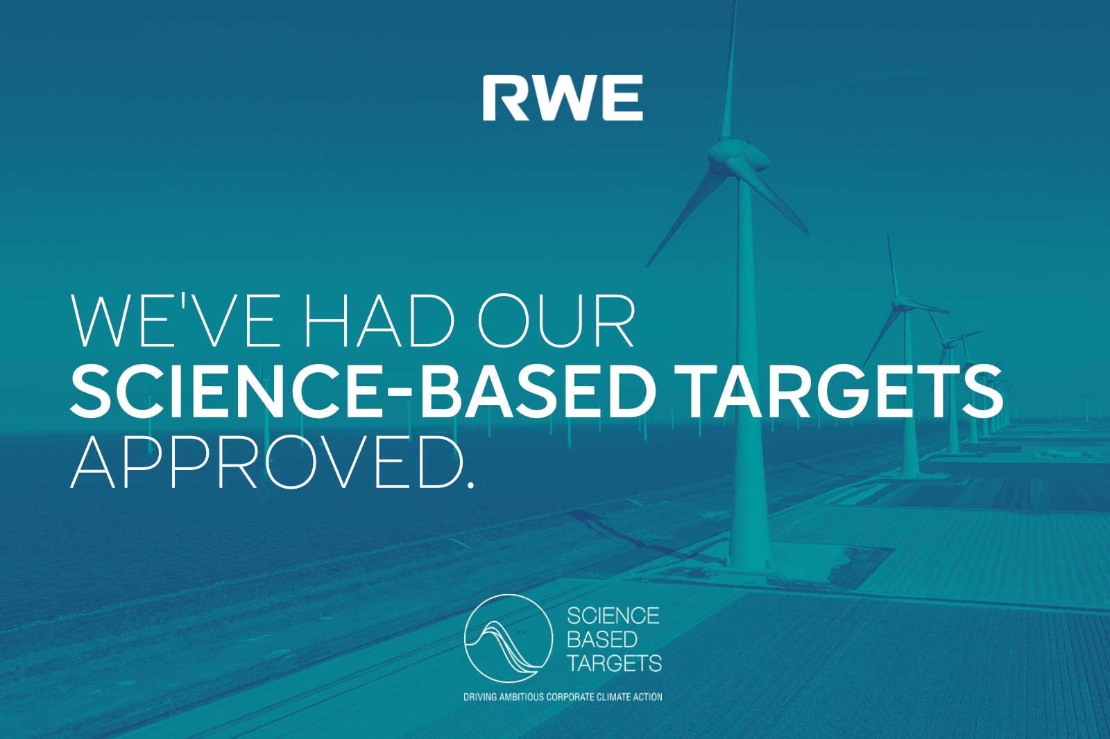 RWE announces approval of science-based targets against a backdrop of wind turbines and sea.