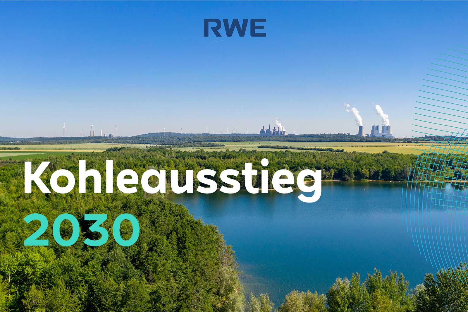 Eine weite Landschaft mit Wasser, Wäldern und Kraftwerken im Hintergrund. Der Text 'Kohleausstieg 2030' ist prominent.