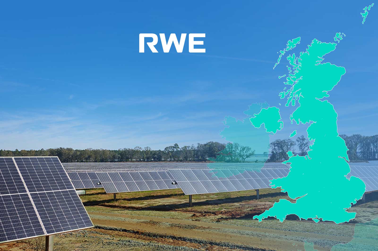 A solar park landscape with solar panels and a map of the UK in the foreground. The RWE logo is displayed prominently.