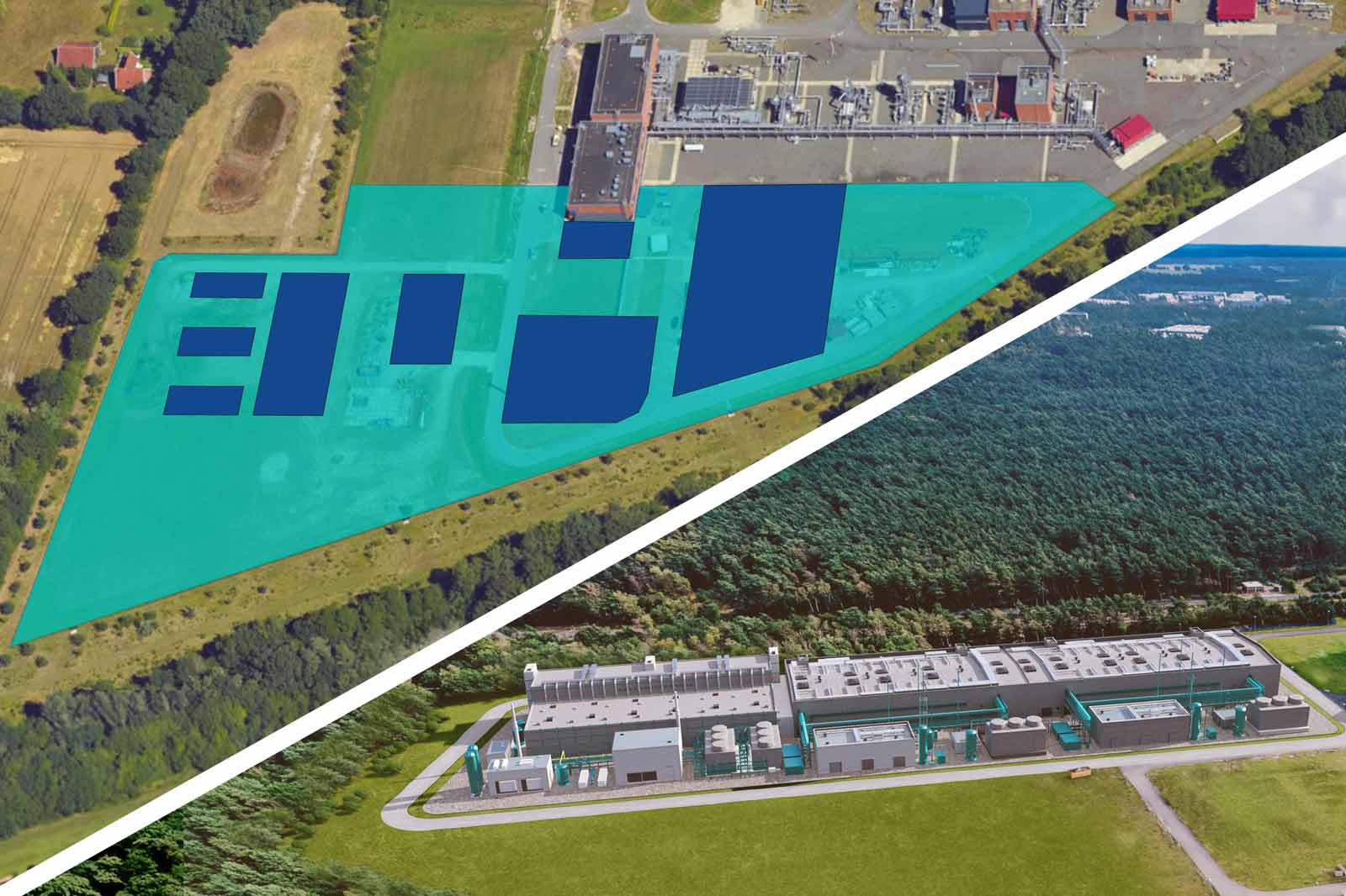 Luftaufnahme, die zwei Industriegebiete mit umreißenen Strukturen, Grünflächen und angrenzenden Feldern zeigt.