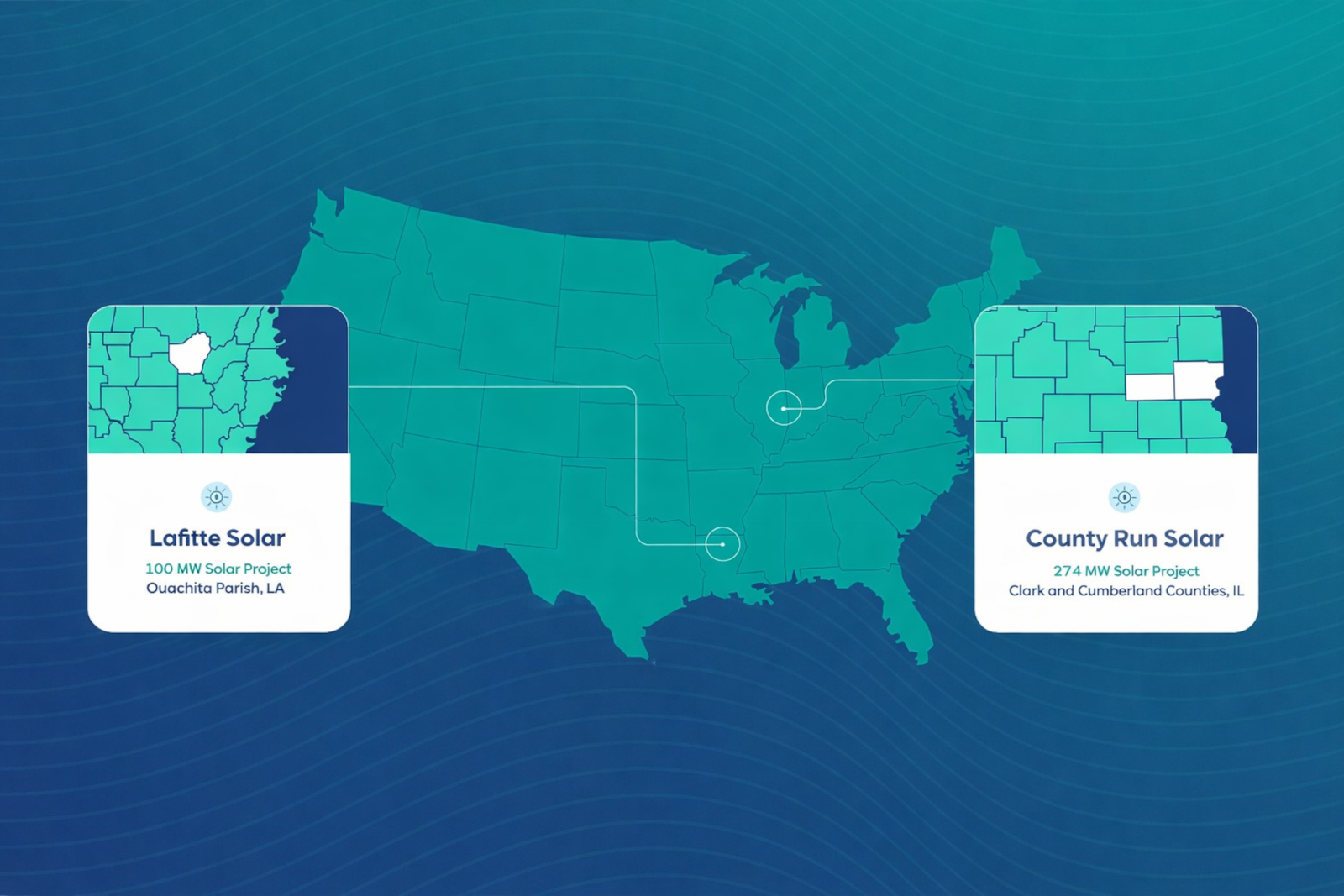 Karte der USA mit zwei Solarprojekten: Lafitte Solar in Louisiana und County Run Solar in Illinois.