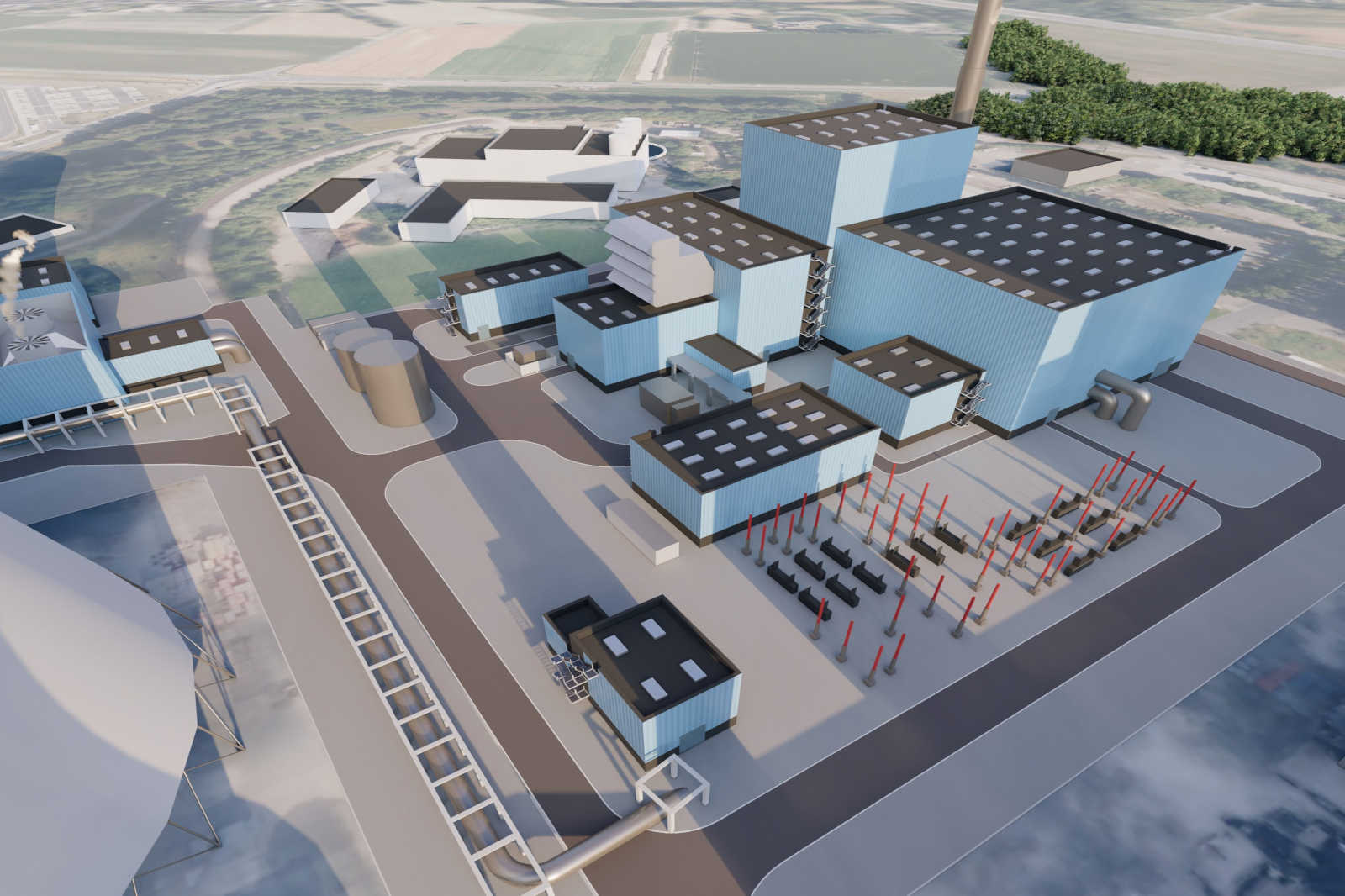Eine Vogelperspektive auf eine moderne Industrieanlagemit mehreren blauen Gebäuden, roten Pfählen und umgebender Grünfläche.