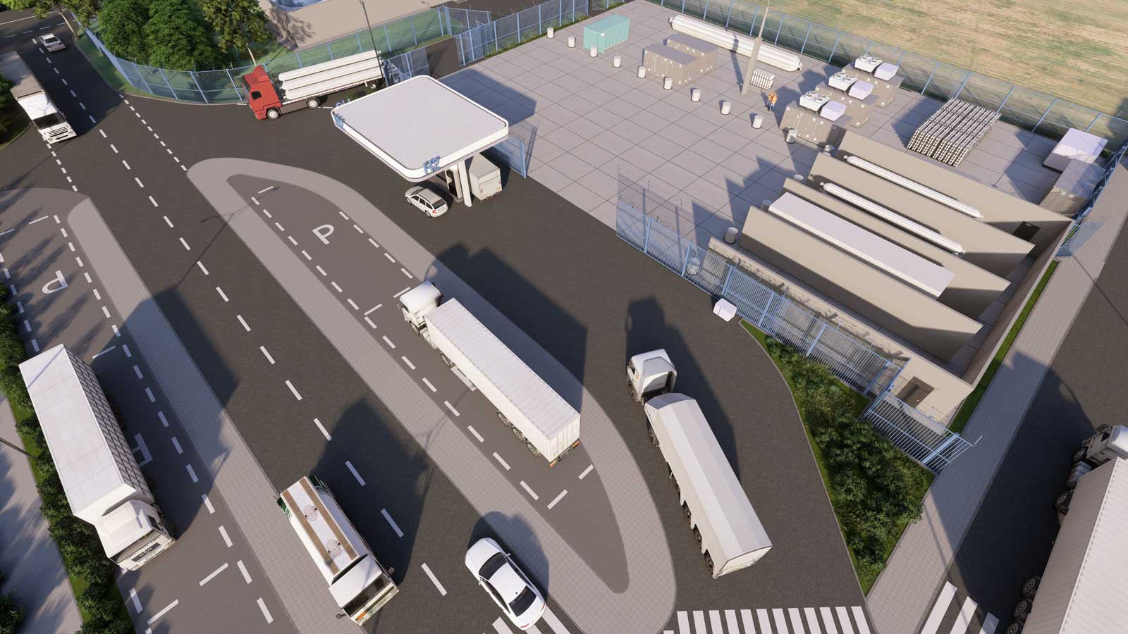 Eine Vogelperspektive auf eine Logistikanlage mit Lkw, Ladebuchten und einer Tankstelle, umgeben von Zäunen.