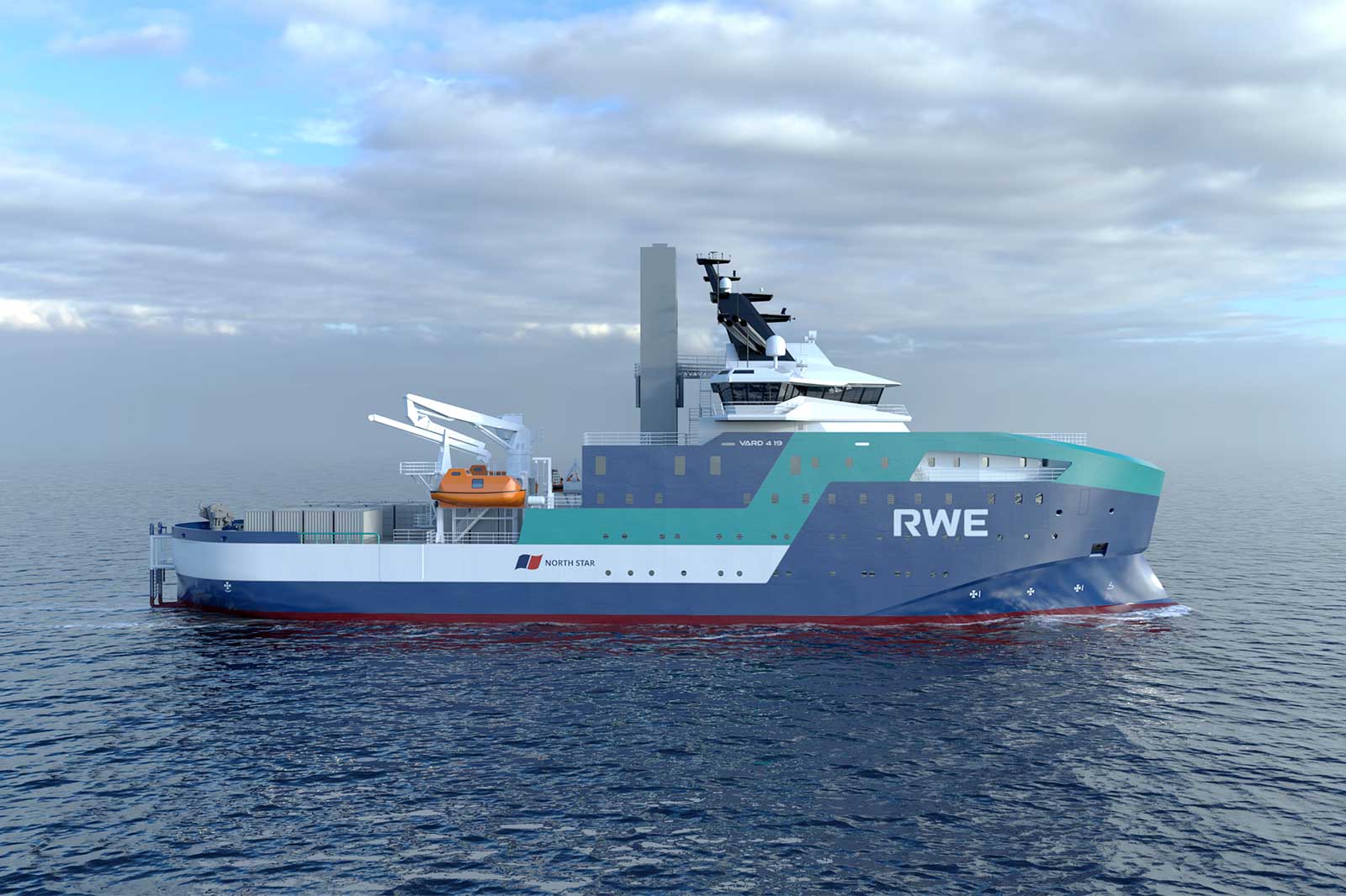 Ein modernes Schiff namens RWE schwimmt auf ruhigem Wasser und zeigt sein schlankes Design und die Ausrüstung für maritime Operationen.