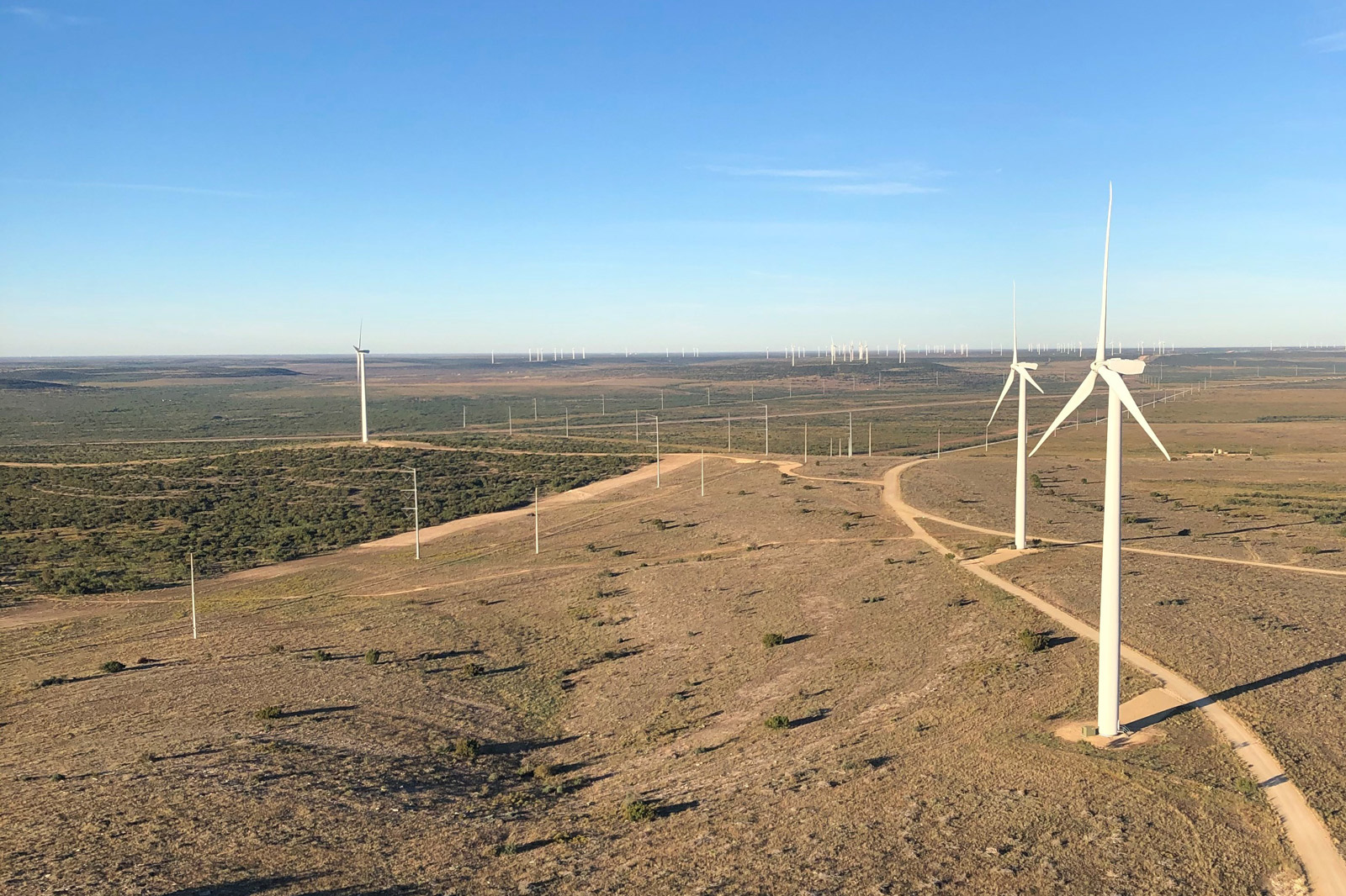 A vast landscape with wind turbines and power lines under a blue sky.