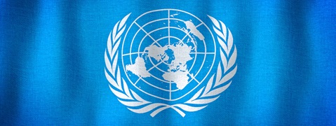 Die Flagge der Vereinten Nationen zeigt eine Weltkarte in Weiß auf blauem Hintergrund, umgeben von Olivenzweigen.