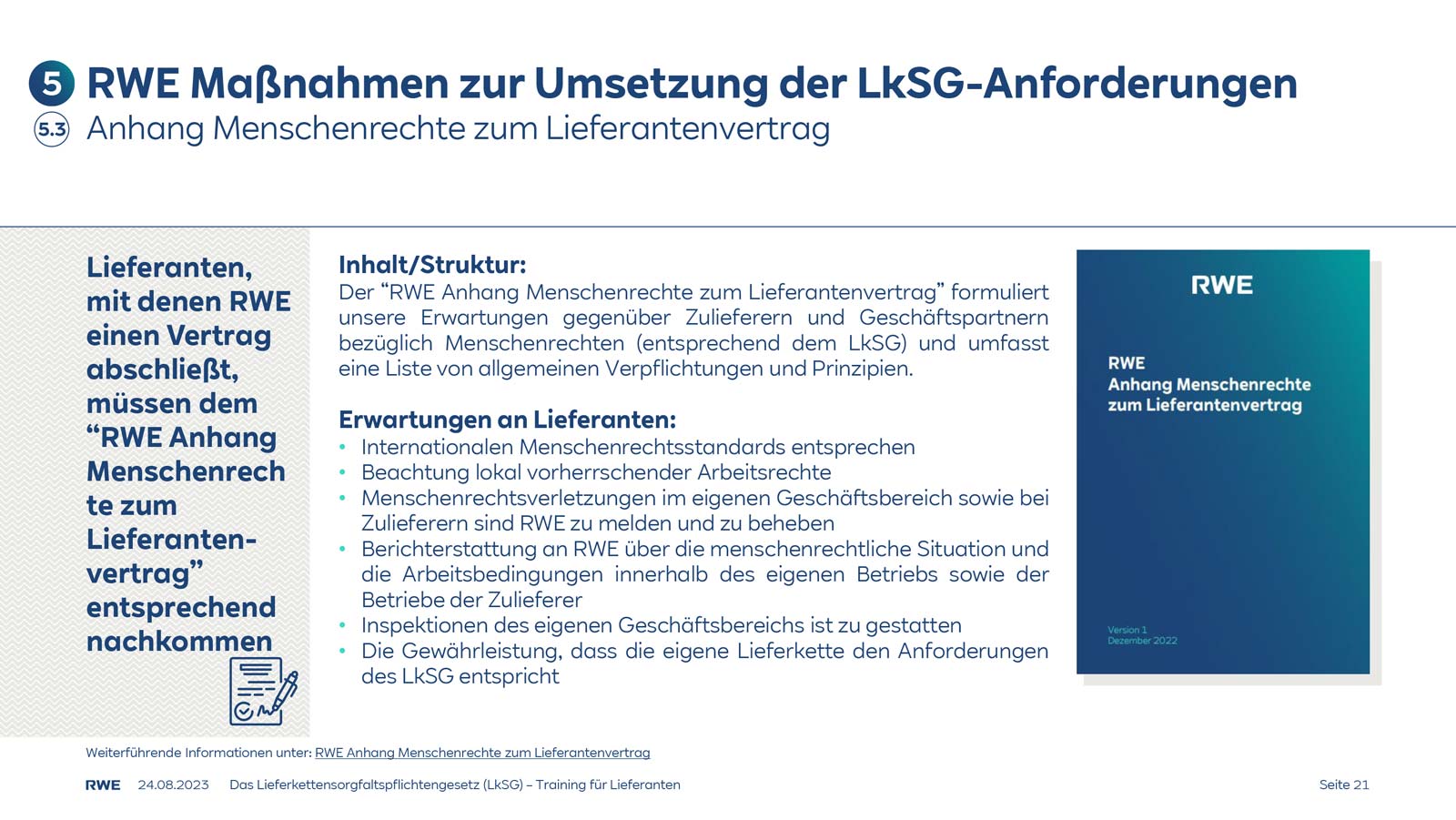 Dokument, das die Erwartungen von RWE an Lieferanten zur Einhaltung der Menschenrechte beschreibt.