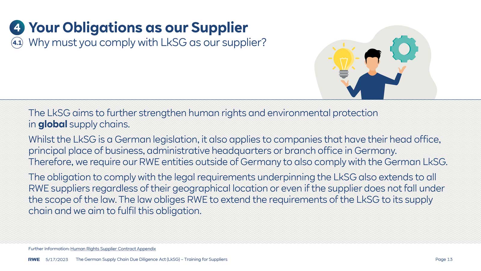 Text explaining LkSG obligations for suppliers regarding human rights and environmental protection in supply chains.