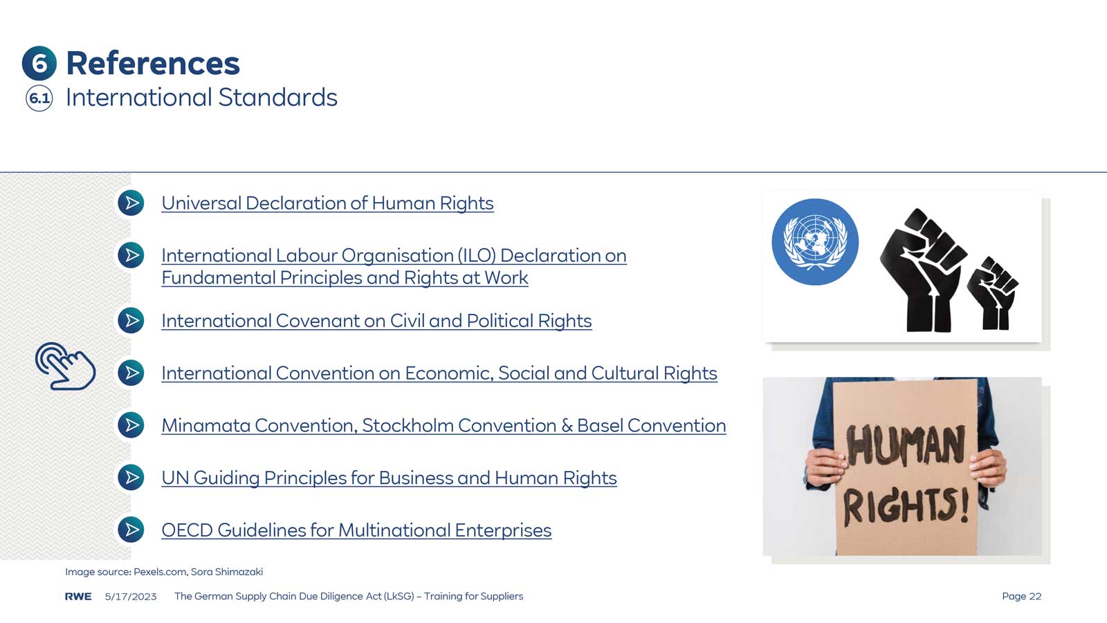 A list of international human rights documents alongside a person holding a sign stating 'HUMAN RIGHTS!' and a UN emblem.